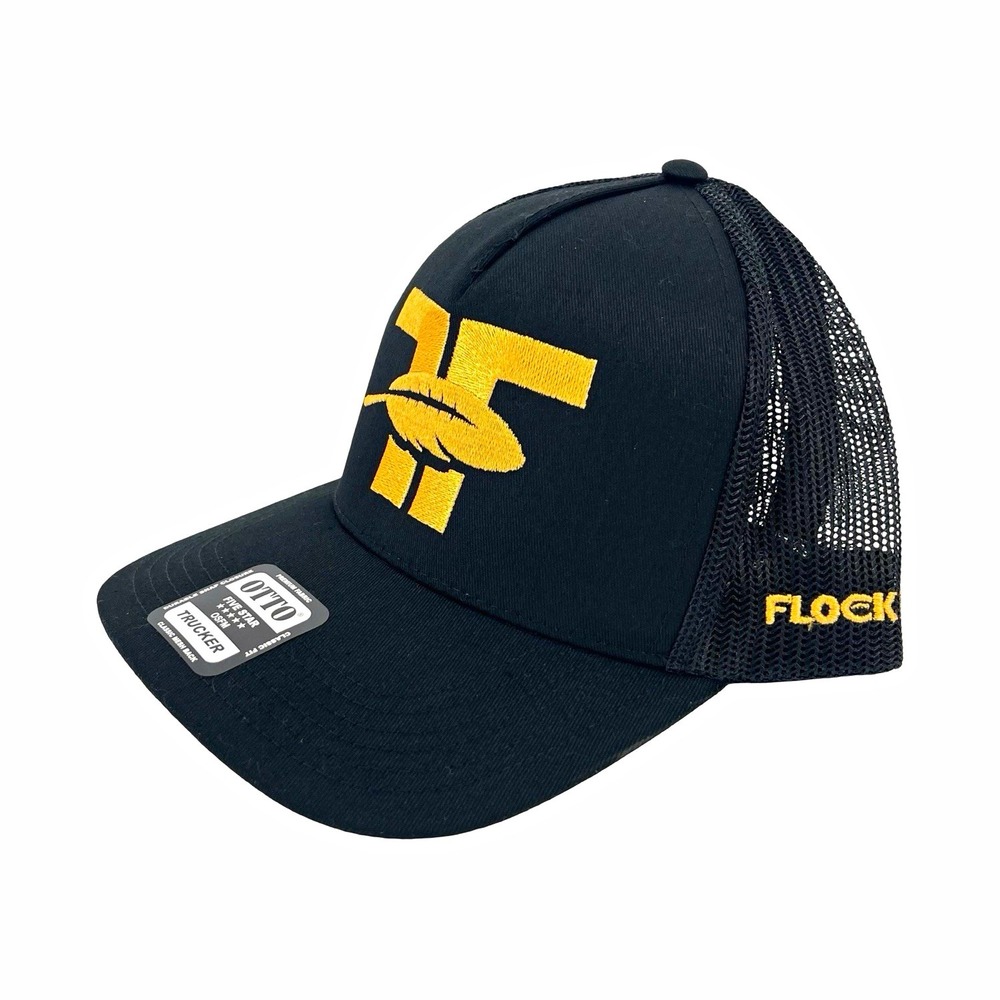 OTTO Flock H Feather Logo Trucker Hat Black Gold Mesh Snapback Cap New